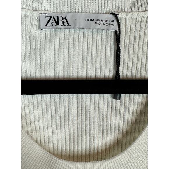 Zara NWOT White Short Puff Sleeve Scoop Neck Midi Fit Flare Dress Size Medium - Picture 5 of 7